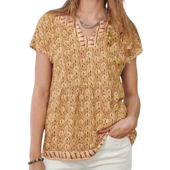 Sundance Golden Yellow Peplum Cotton Short Sleeve Boho Blouse Top Red Tribal M - Picture 1 of 9